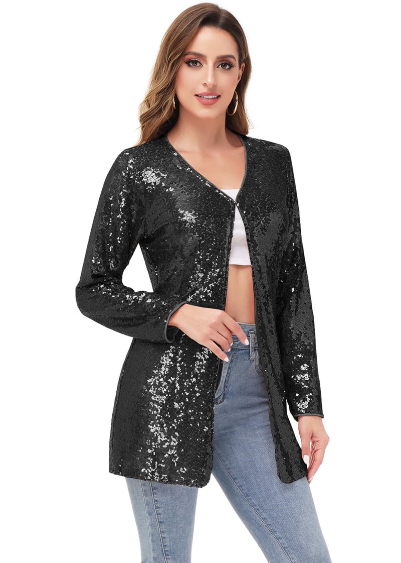 Anna-Kaci Women's Open Front Sequin Coat Las Vegas Blazer Party Club Cocktail Jacket Outerwear, Black, Large - Image 3
